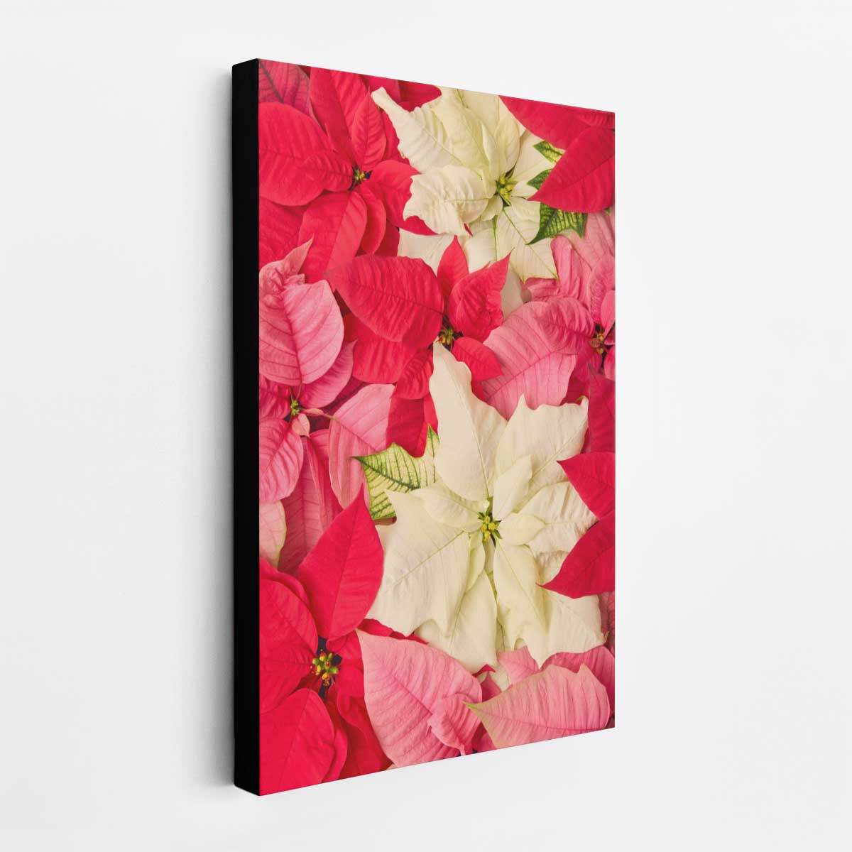 Poinsettia floral wall art in red and cream tones, a vertical composition of layered petals for holiday decor.