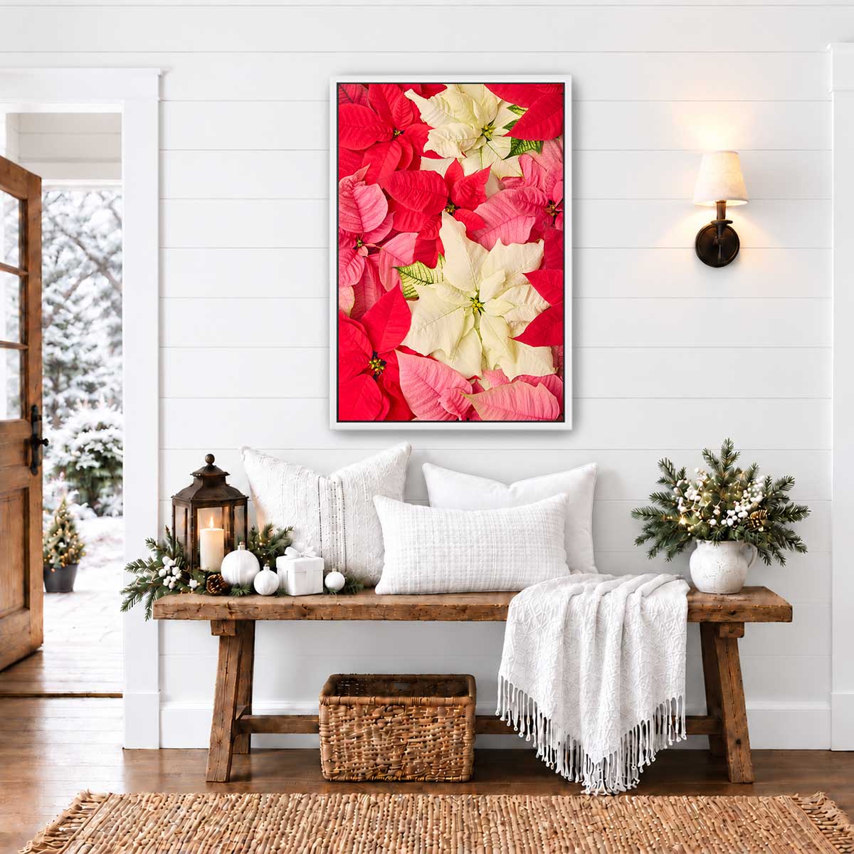 Poinsettia wall art in red and white, a vertical floral print for holiday decor with layered petals.