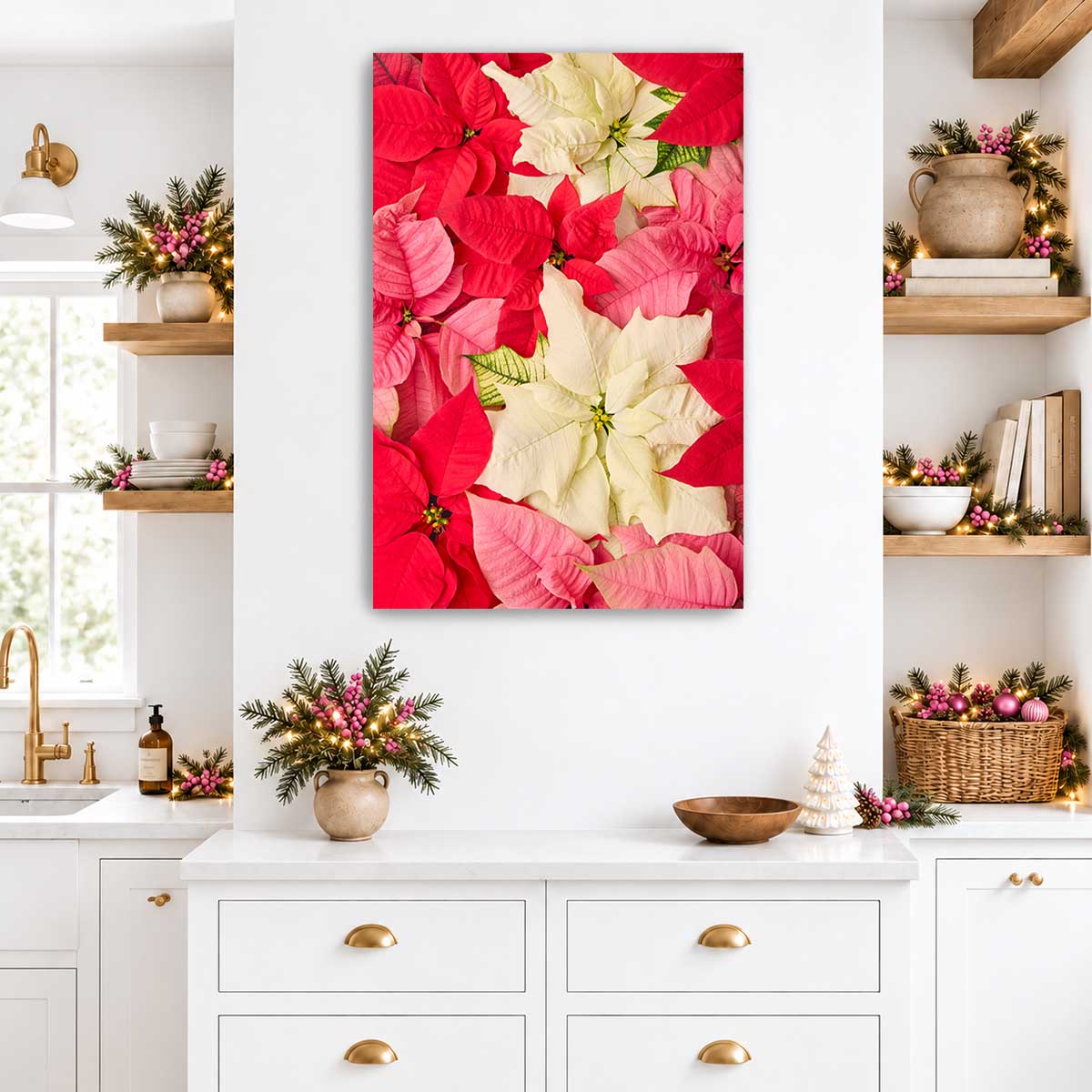 Poinsettia Glow floral wall art shows red, pink, and white blooms in a vivid vertical botanical composition.