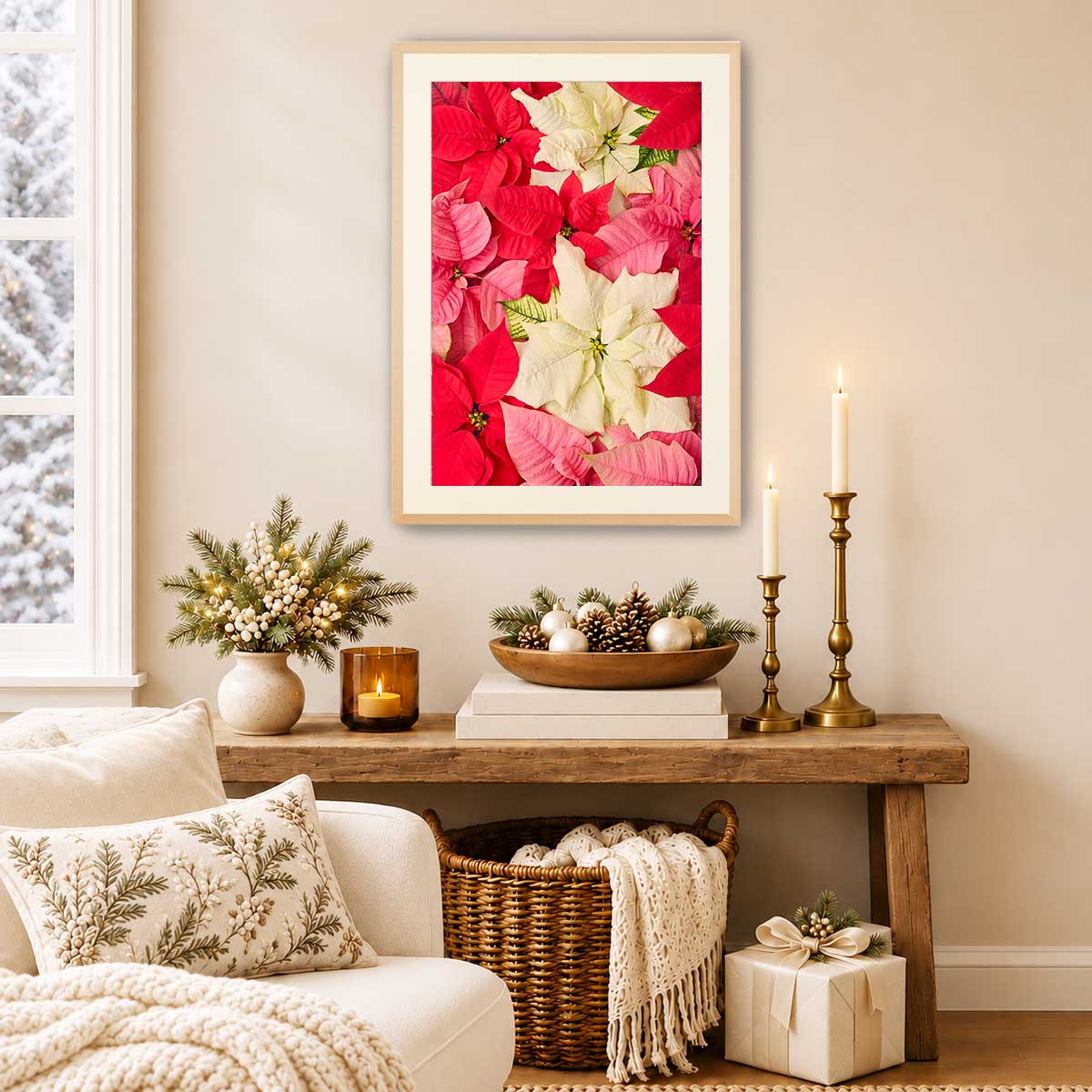 Poinsettia wall art canvas featuring vivid red and cream flowers in an overhead composition for vertical display.