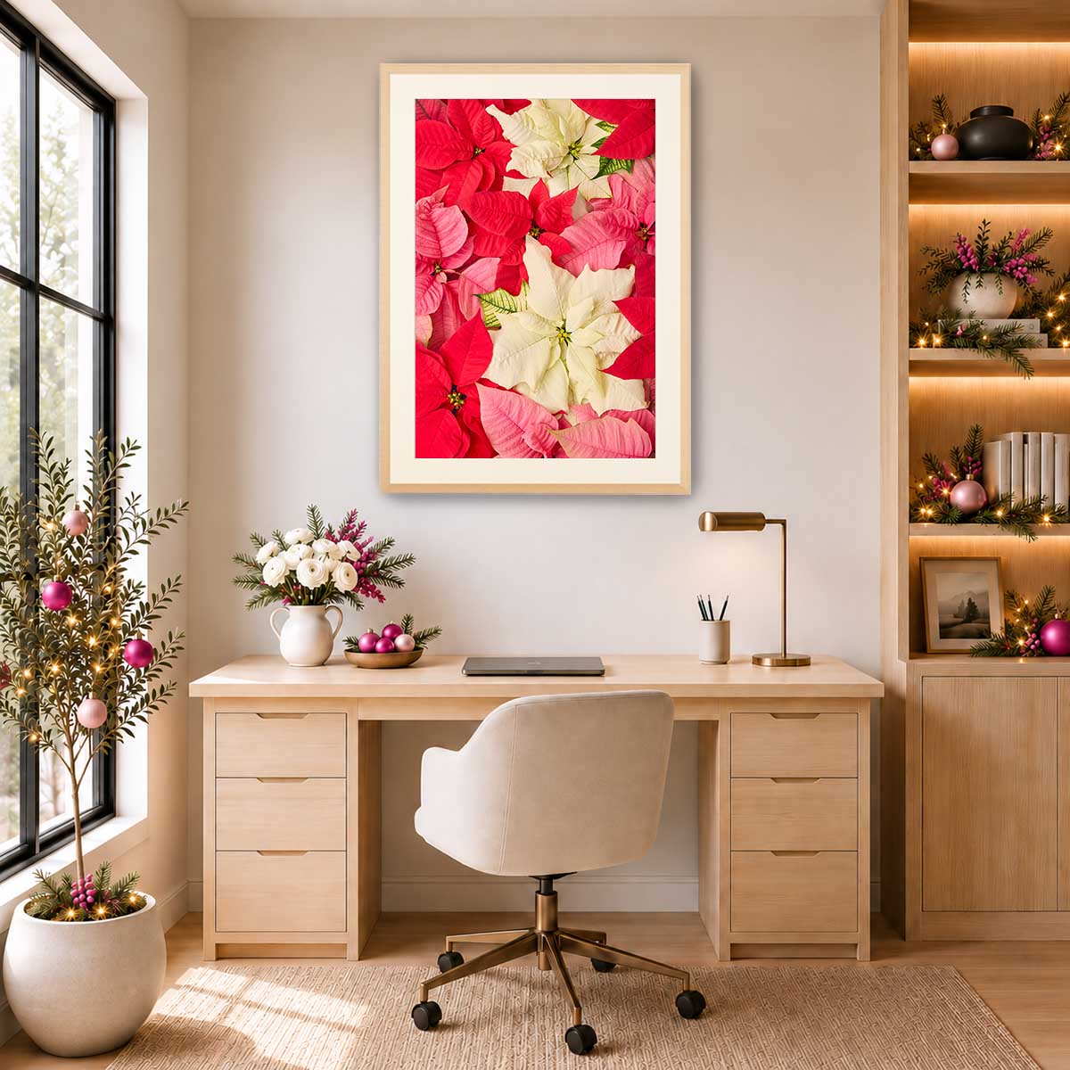 Poinsettia wall art canvas in vivid red and cream with an overhead floral composition for vertical display