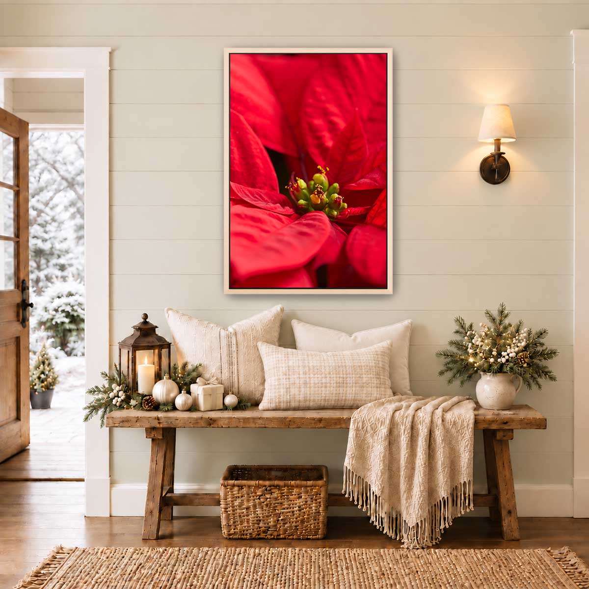 Poinsettia Glow floral wall art in red with close-up botanical detail for vertical interior display.
