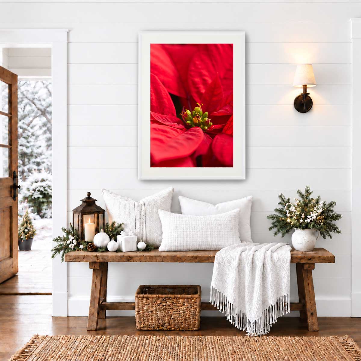 Brilliant in red floral wall art print featuring a poinsettia closeup on fine art paper for vertical display.