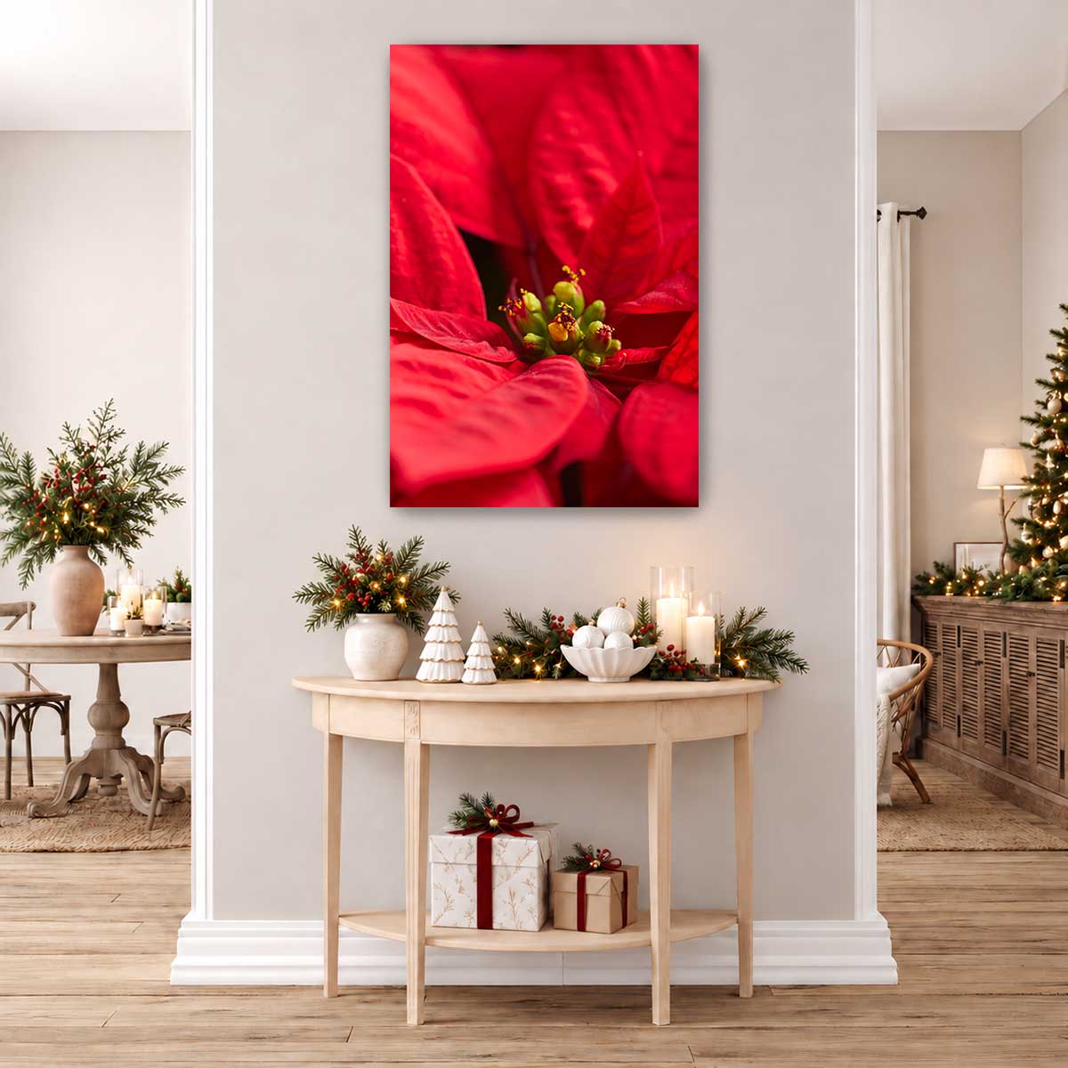 Poinsettia floral wall art print in vivid red with close-up flower imagery for vertical interior display