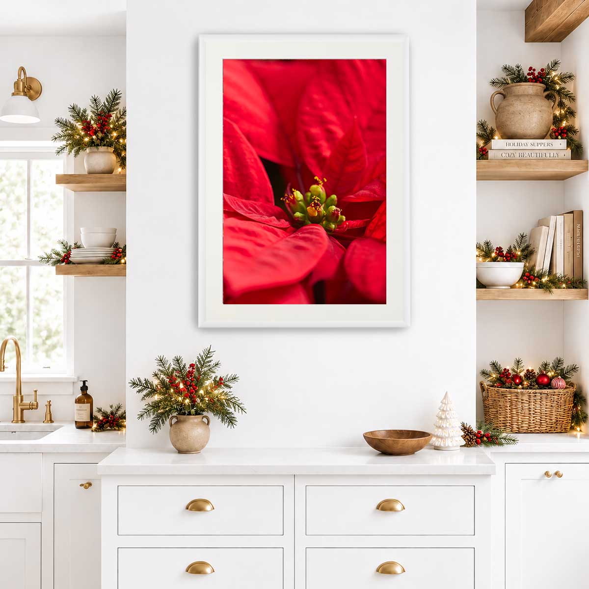 Brilliant in Red floral wall art print featuring a vivid poinsettia close-up in a white frame for vertical display.