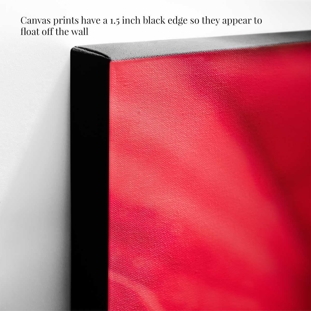Poinsettia Glow floral wall art print in red with textured canvas and a 1.5 inch black edge.