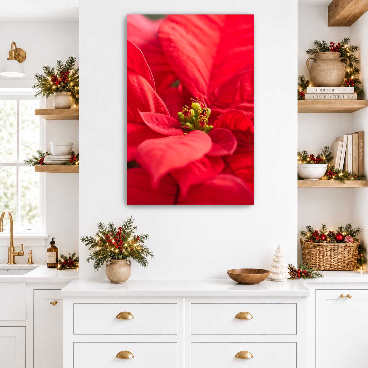 Red floral wall art canvas featuring a close-up poinsettia composition with vivid layered petals for indoor display.