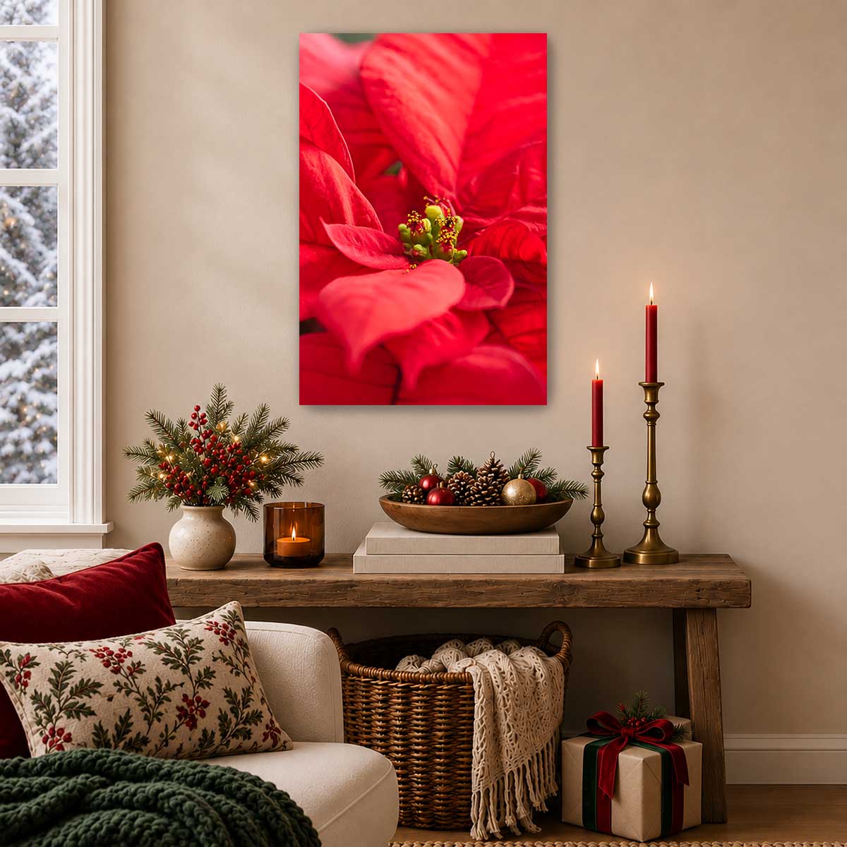 Brilliant red floral wall art canvas with a close-up poinsettia composition for indoor display.