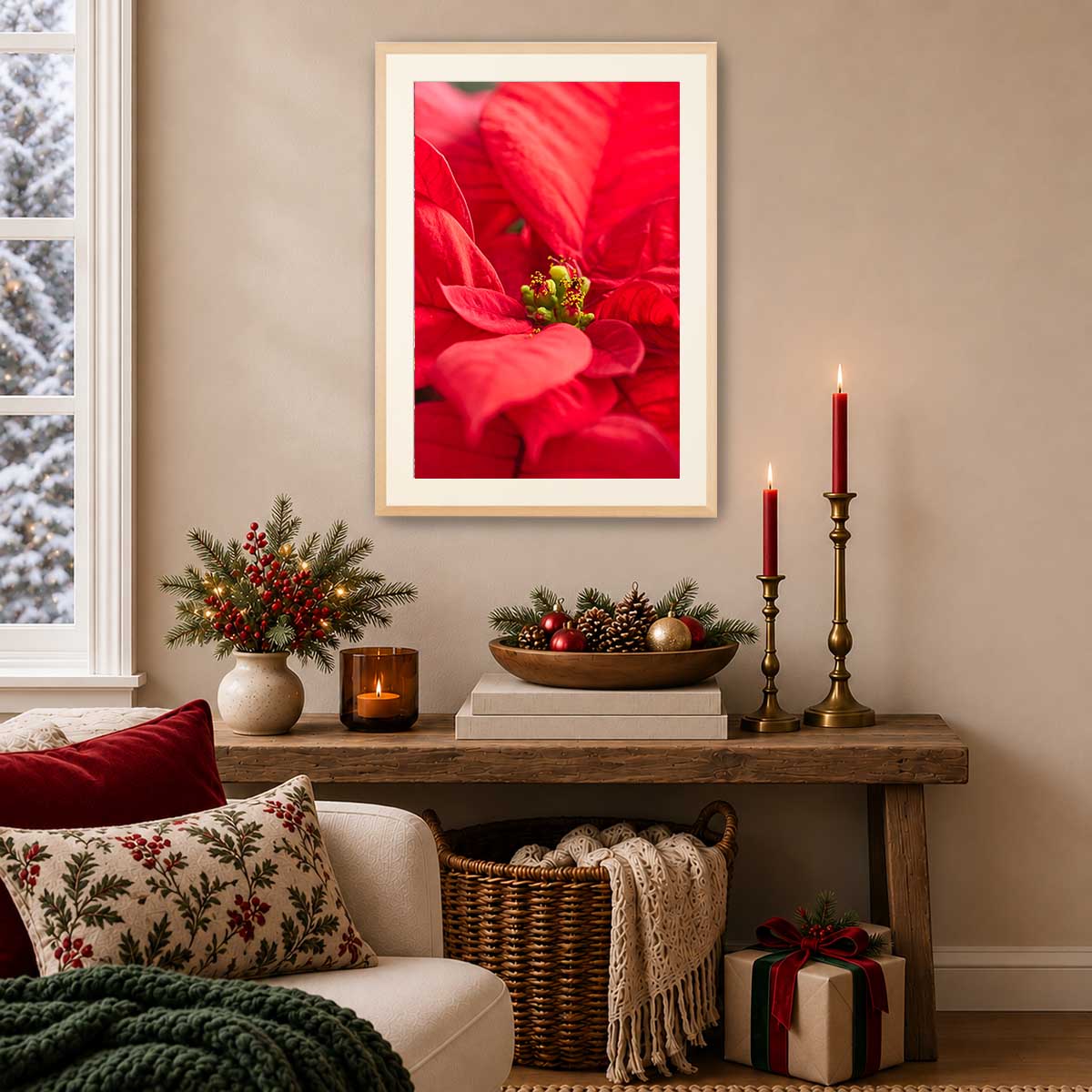 Red floral wall art canvas with close-up poinsettia imagery, vertical display above a console table.