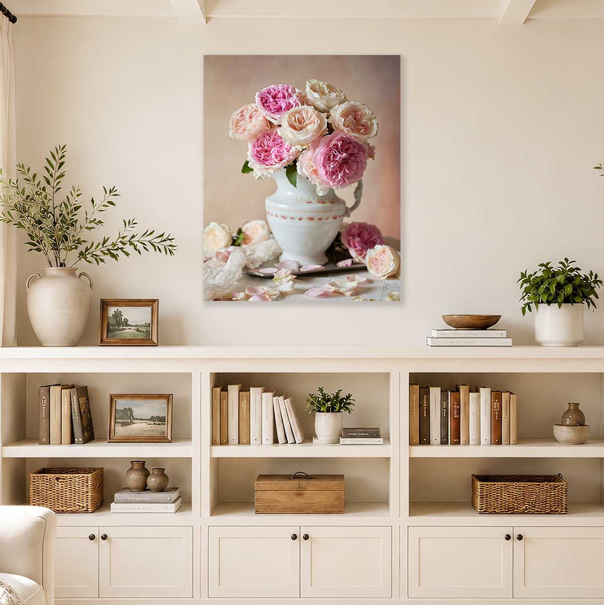 Romance in Bloom Rose Wall Art Canvas with pink and white roses in a white ceramic vase