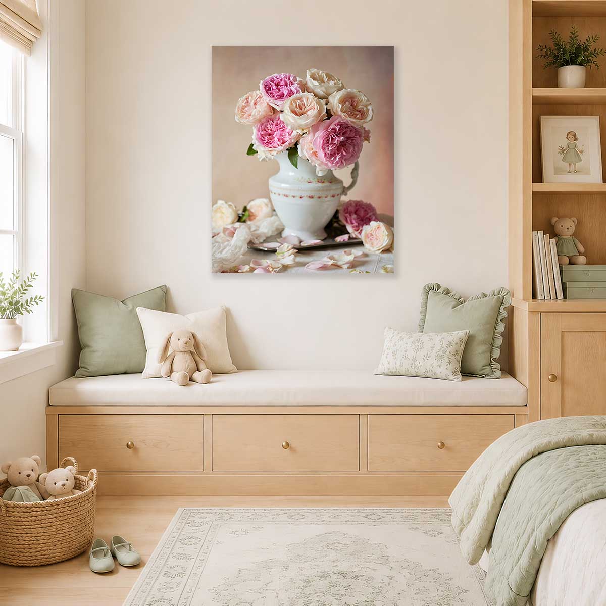 Romance in Bloom Rose Wall Art Canvas with pink and cream roses in a white vase, vertical living room decor