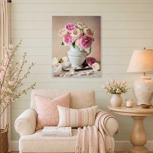 Romance in Bloom Rose Wall Art Canvas with pink and blush roses in a white pitcher for wall art