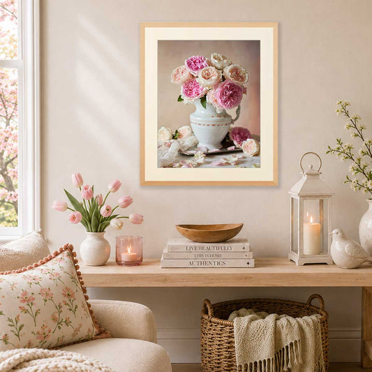 Romance in Bloom Rose Wall Art Print with pink and cream roses in a white vase, wall art