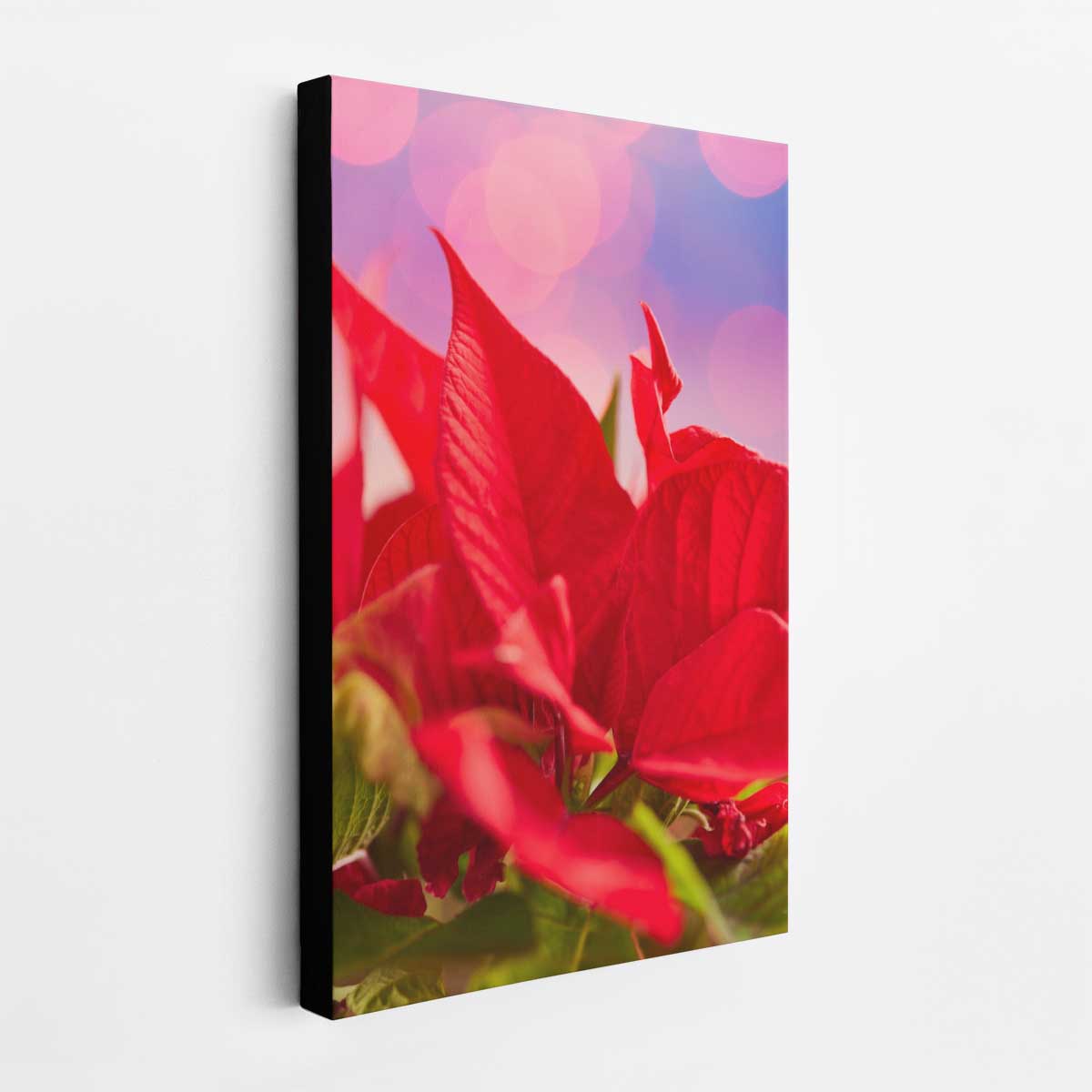 Red Moment floral wall art print with vivid poinsettia petals and soft circular light effects on a vertical canvas