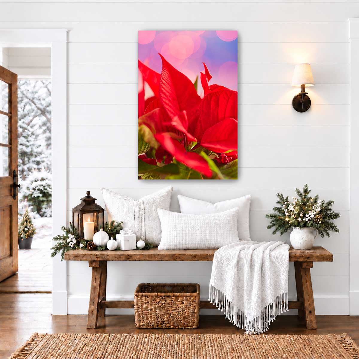 Red Moment floral wall art featuring vivid red poinsettia petals and soft circular light effects