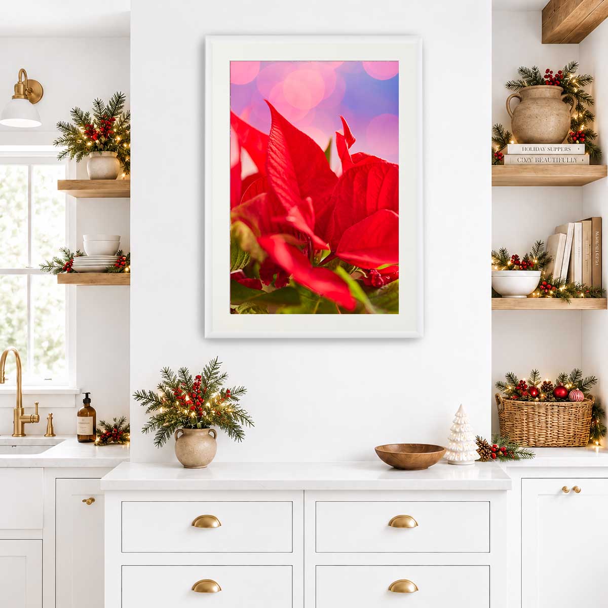 Red and radiant floral wall art print featuring poinsettia blooms in a white frame for vertical display.