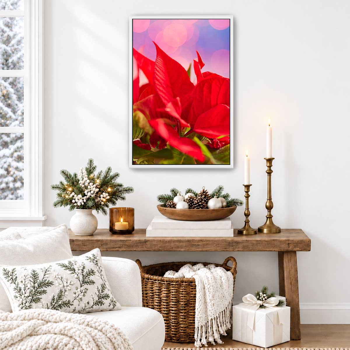 Red Moment floral wall art print in red with poinsettia and soft circular light effects for vertical display.