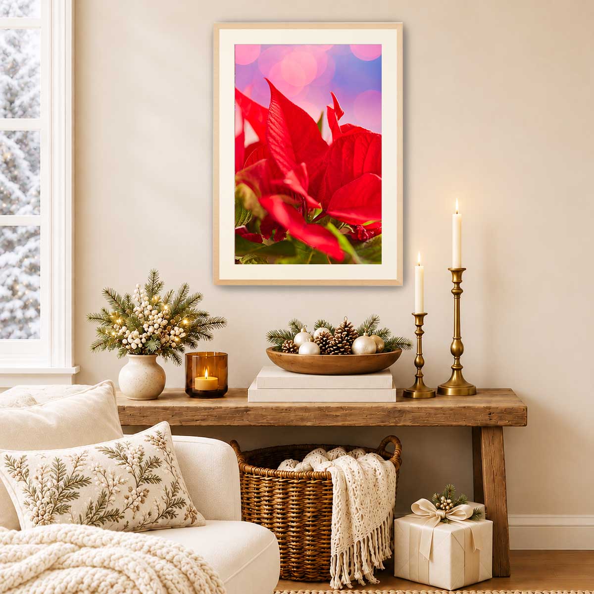 Radiant red floral wall art print featuring a poinsettia subject in a maple wood frame for vertical display