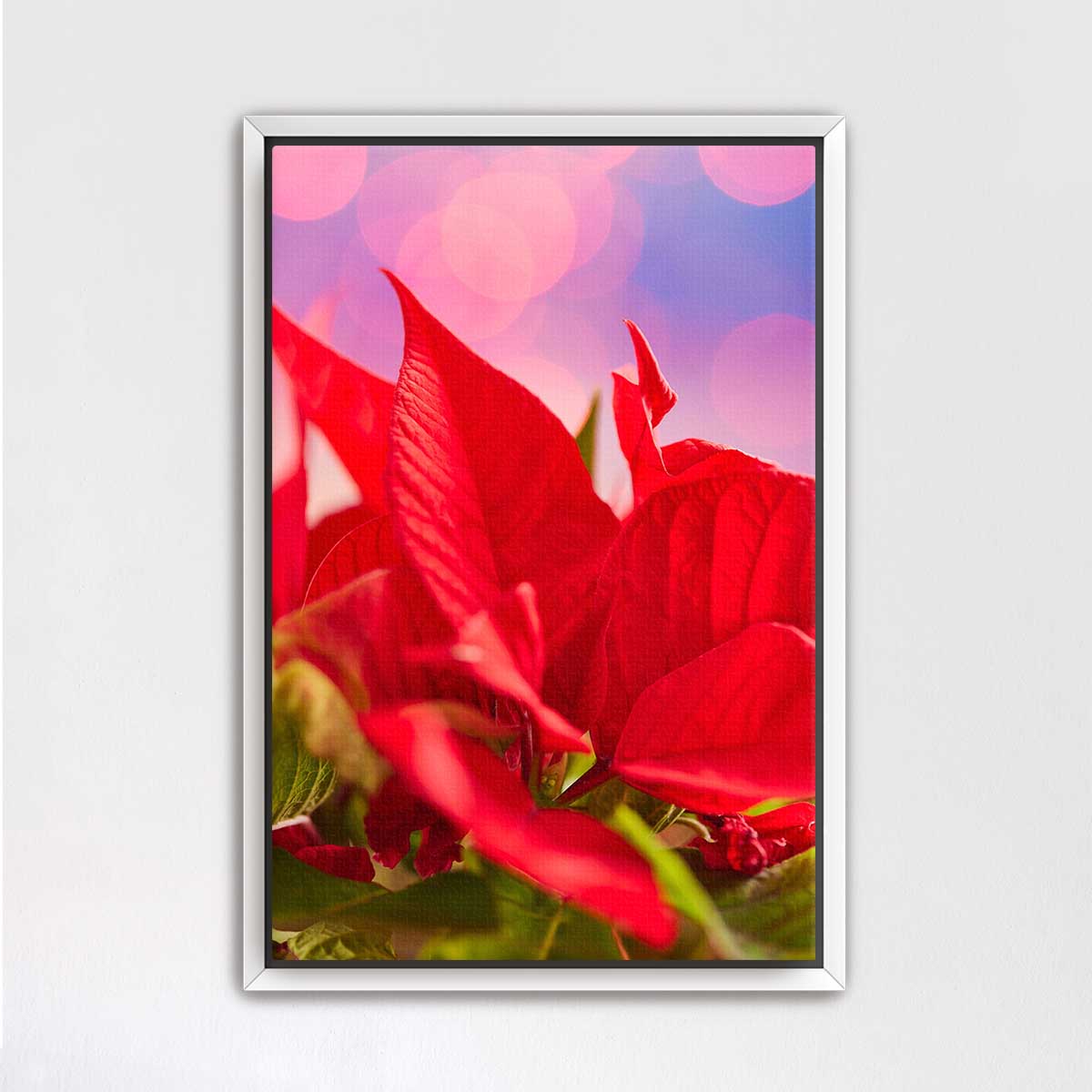Red Moment floral wall art print with poinsettia and soft circular light effects for vertical display.
