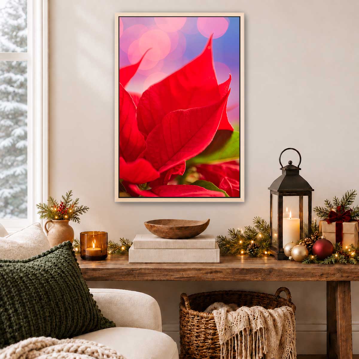 Merry Pinkmas poinsettia wall art canvas in red with a vertical floral design for seasonal interiors.