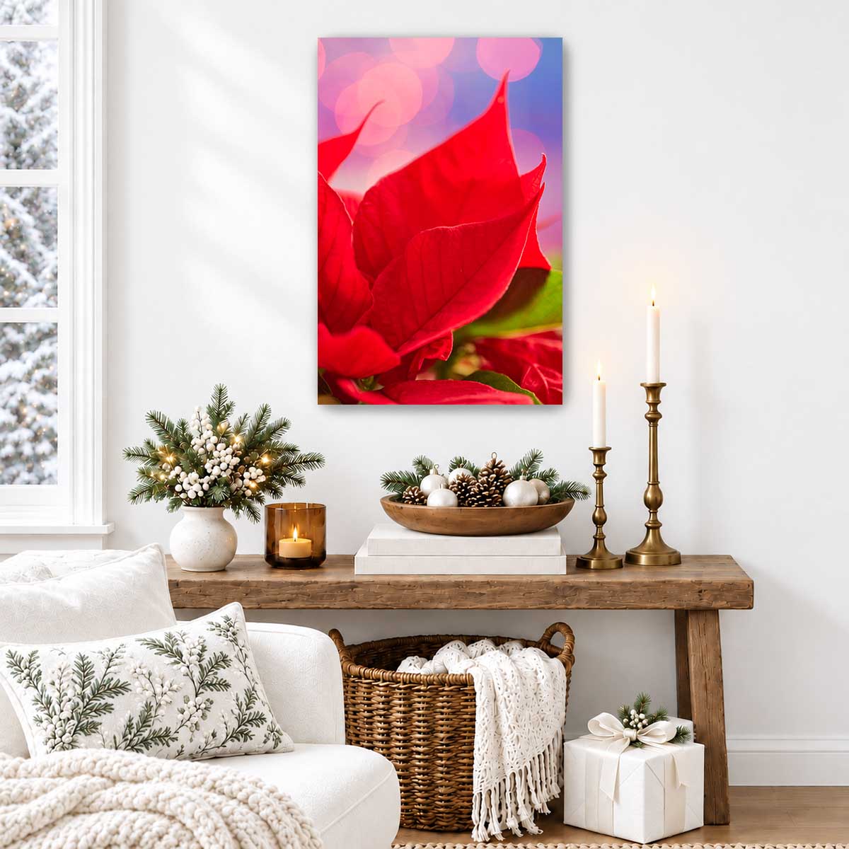 Pinkmas poinsettia wall art canvas with vivid red petals in a vertical display against a white wall