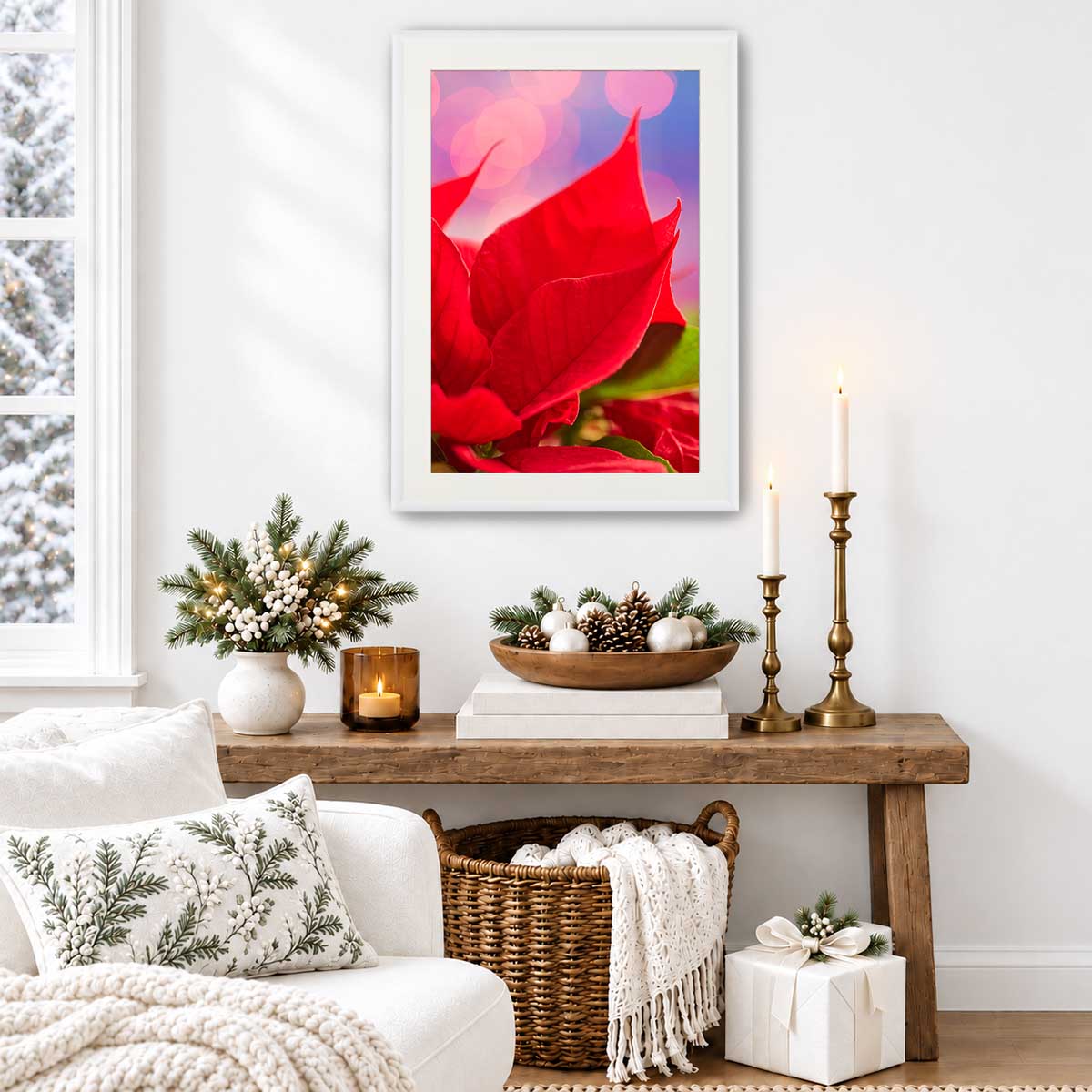 Red and radiant floral wall art canvas with poinsettia petals and blurred light circles in a vertical display.