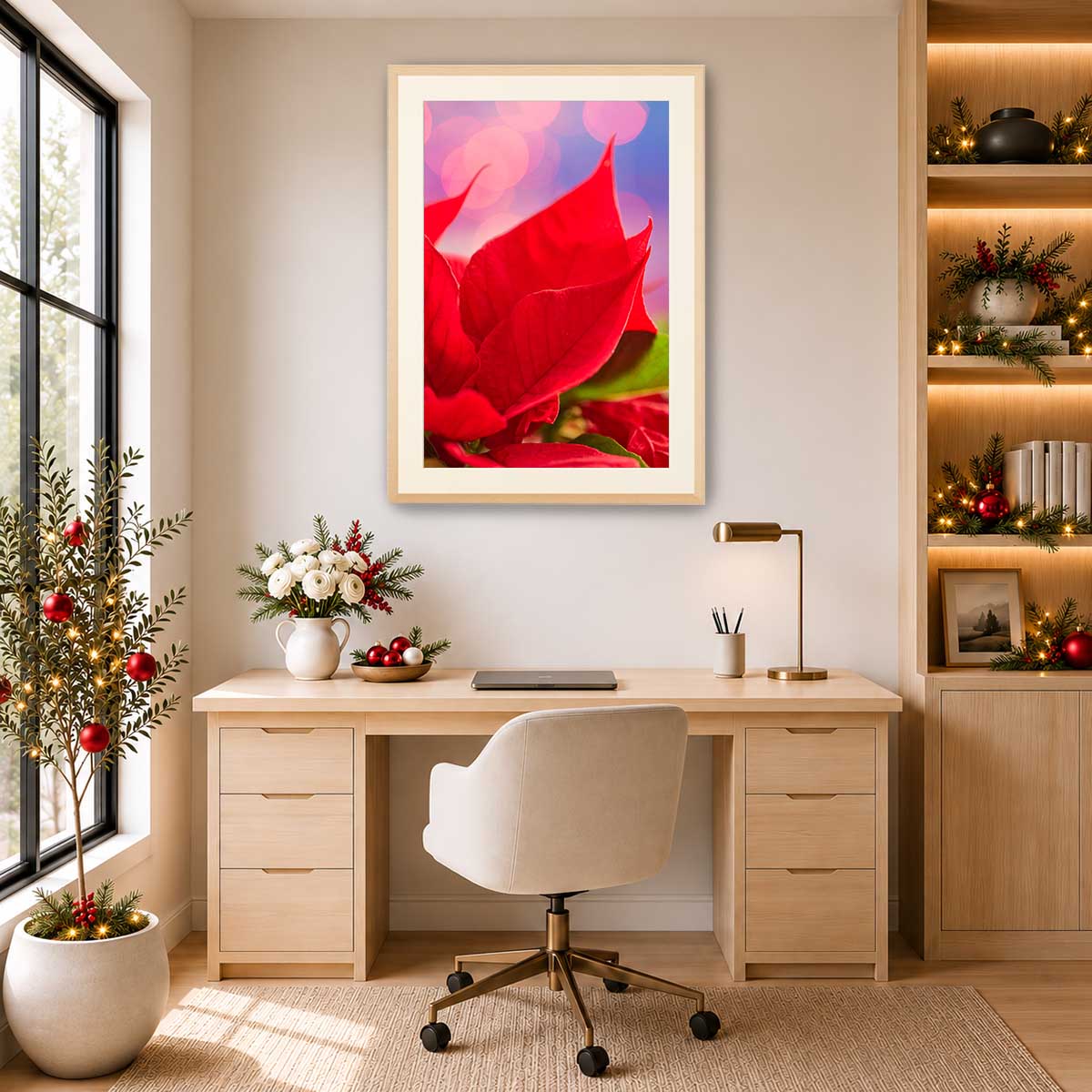 Red and radiant wall art canvas in vivid red with poinsettia petals and blurred light circles for vertical display.