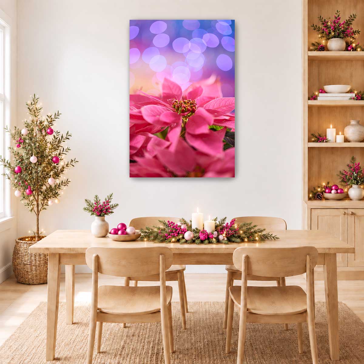 Pinkmas poinsettia wall art print with vivid pink petals and purple bokeh background for vertical display.