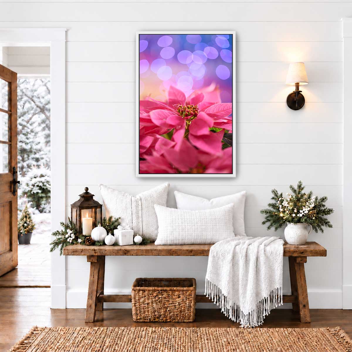 Poinsettia wall art print features vivid pink petals against a purple bokeh background in a vertical display.