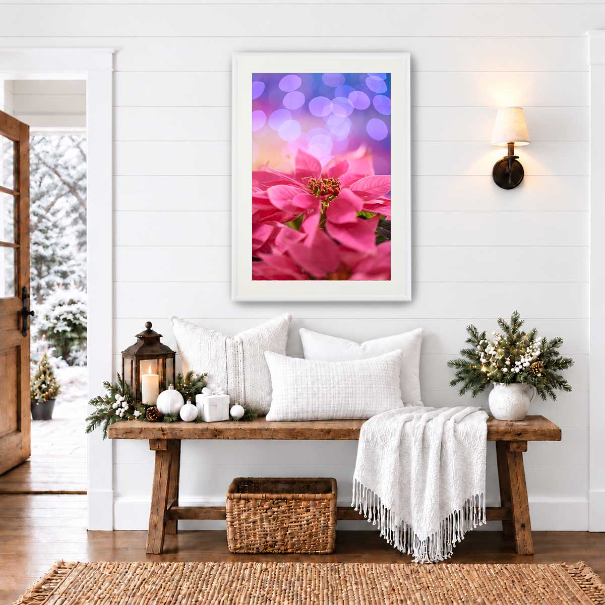 Pink Holiday Crush poinsettia Christmas wall art print in a white frame with vivid pink petals and purple bokeh