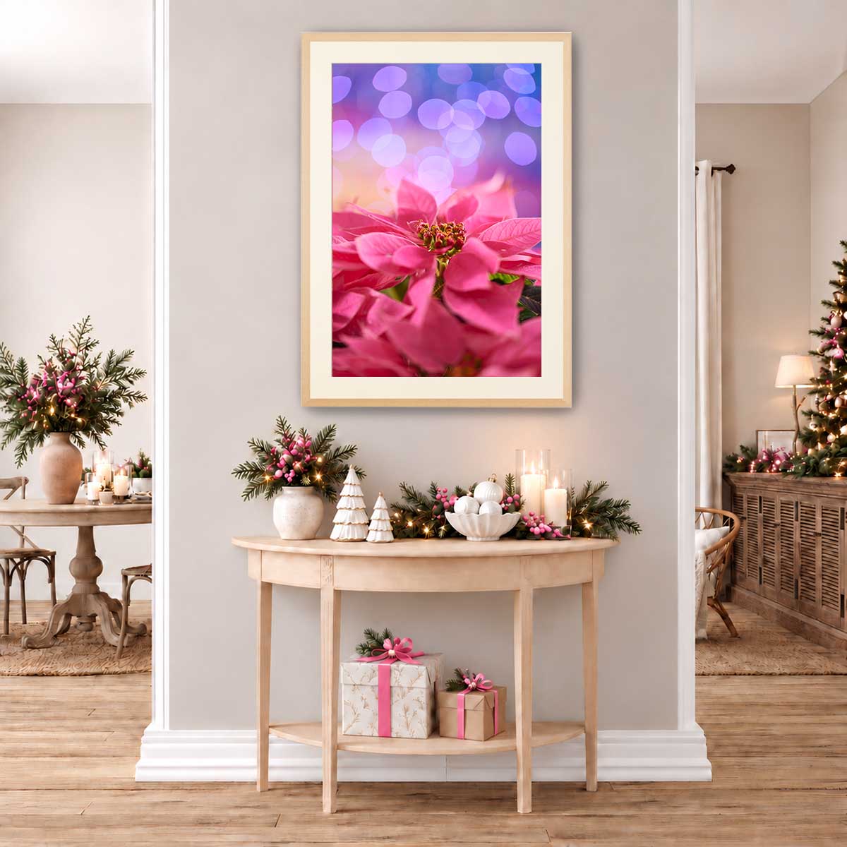 Pink Holiday Crush poinsettia Christmas wall art print presents vertical floral décor in a light wood frame with layered