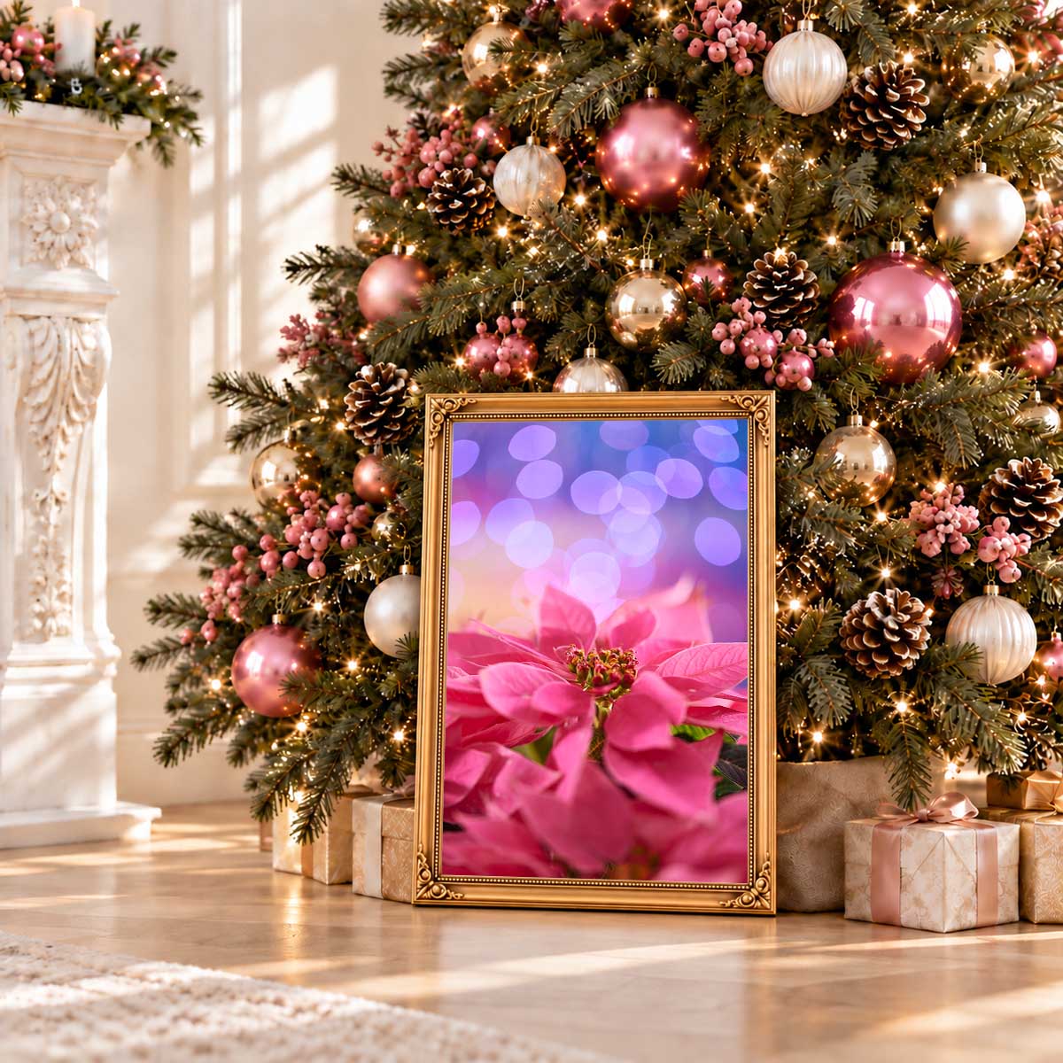 Poinsettia Christmas wall art print in a gold frame, vertical display with vivid pink petals and soft bokeh