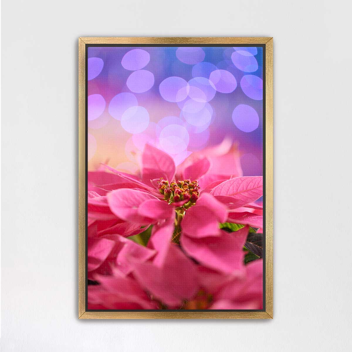 Poinsettia Christmas wall art print in pink with a gold frame and vertical display, showing layered petals