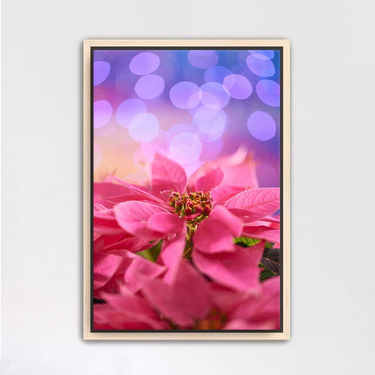 Merry Pinkmas poinsettia floral wall art print in vivid pink with a light wood frame and soft blurred background.