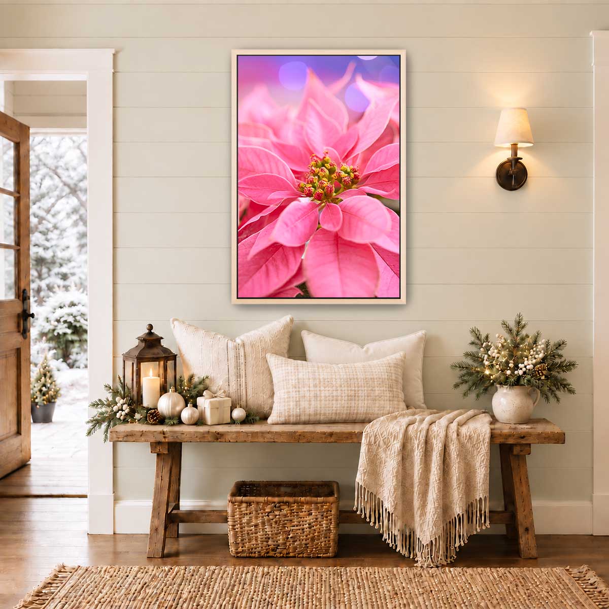 All Wrapped Up in Pink poinsettia Christmas wall art canvas with vivid layered petals in a vertical framed display.