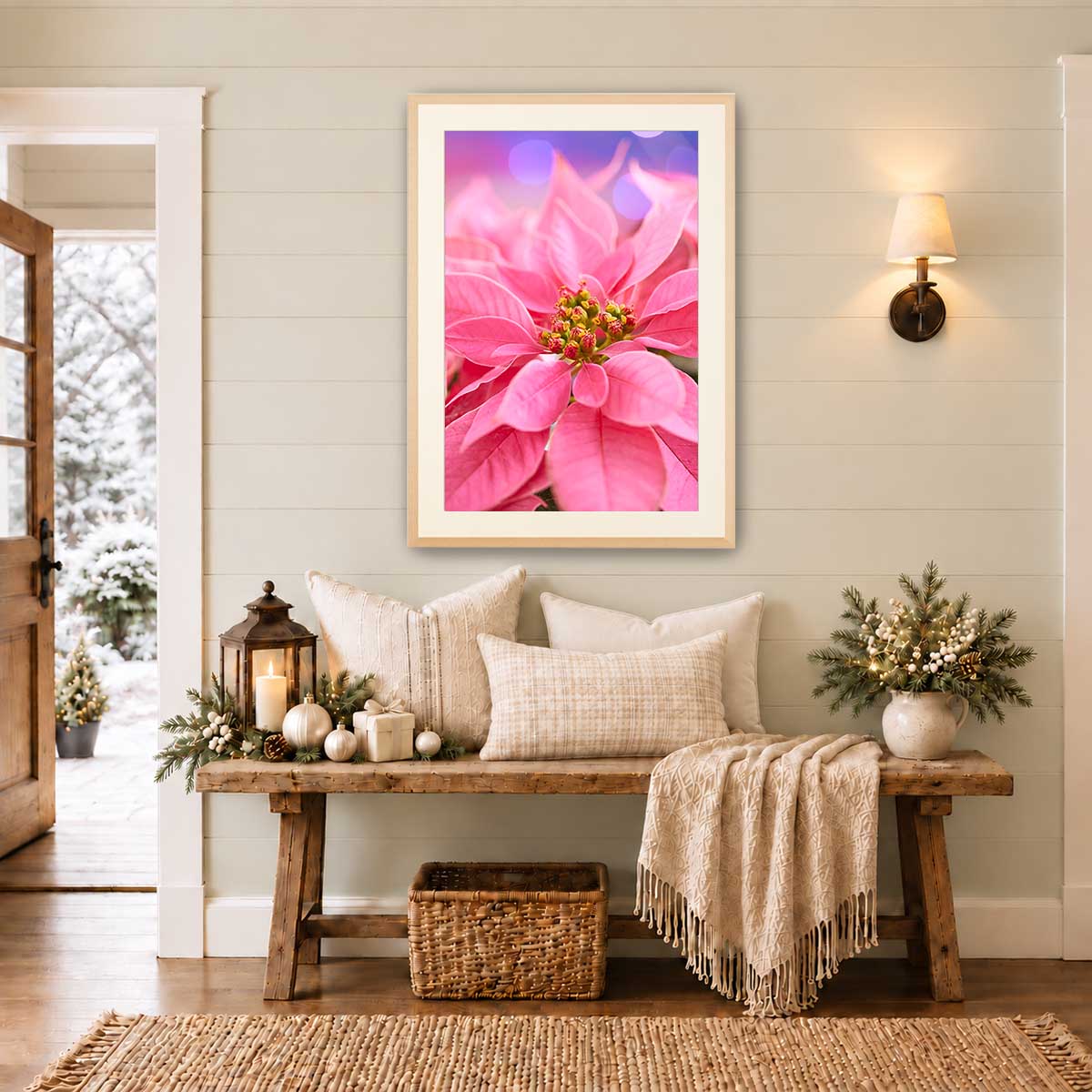 Poinsettia Christmas wall art canvas with a close-up floral composition in vivid pink tones and a light frame.
