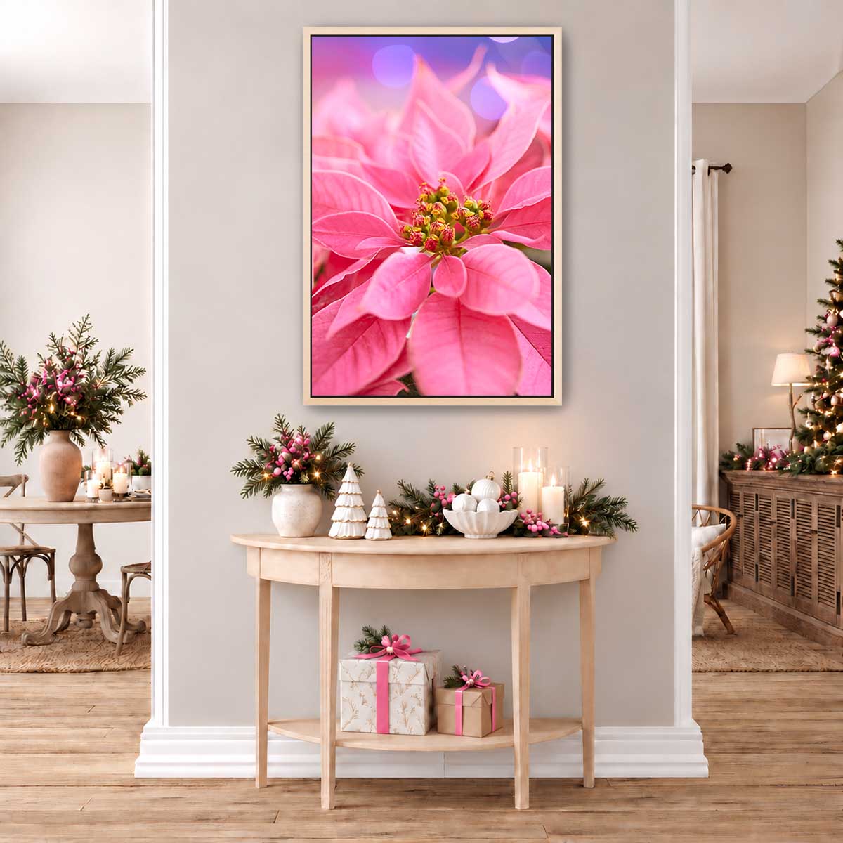 Pink poinsettia floral wall art presents layered petals and a detailed center in a vertical wall display.
