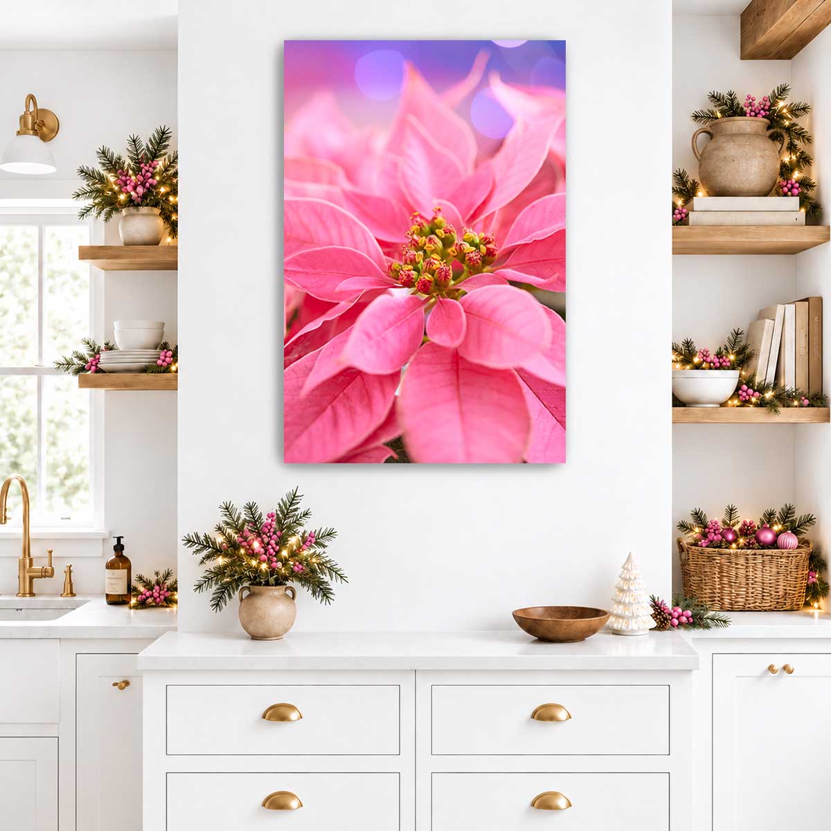 All wrapped up in pink poinsettia floral wall art with vivid layered petals in a vertical display.