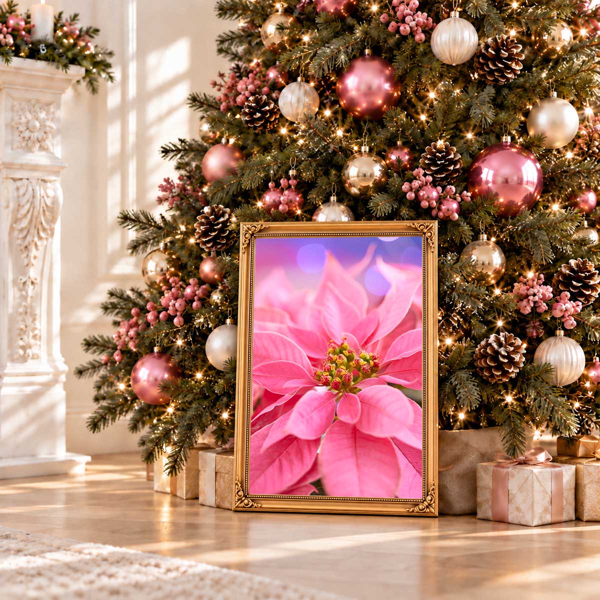 Pink Holiday Crush poinsettia Christmas wall art canvas shows a close up floral composition in a gold frame with vivid petals