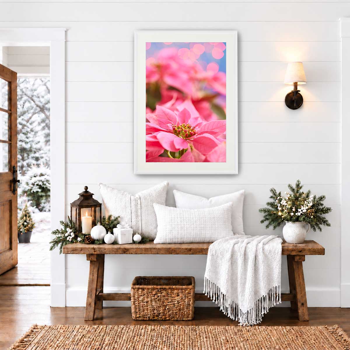 Pink winter poinsettia Christmas wall art print on fine art paper with visible Christmas lights in a vertical format.