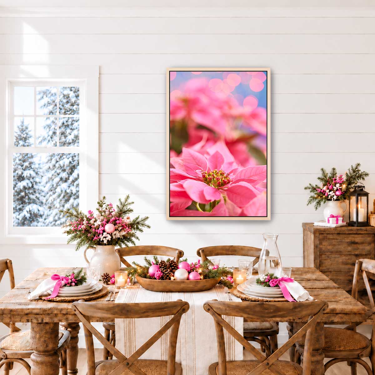 Poinsettia Christmas wall art print in pink, shown vertically with a slim frame and festive floral detail.