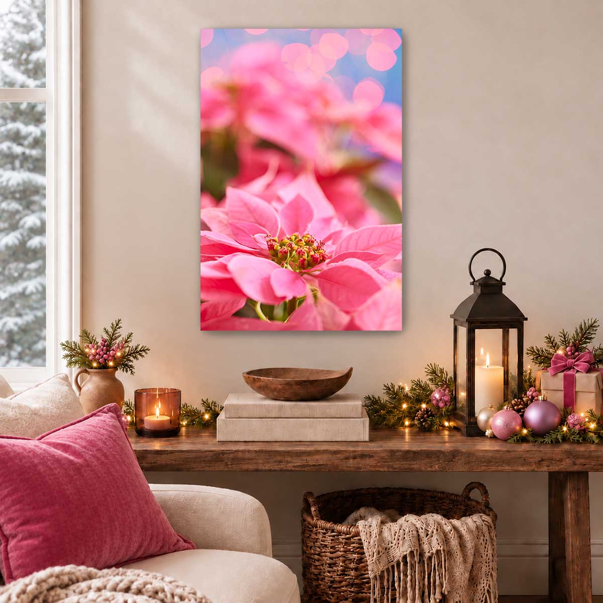 Poinsettia Christmas wall art print in pink, shown above a console table in a festive display.