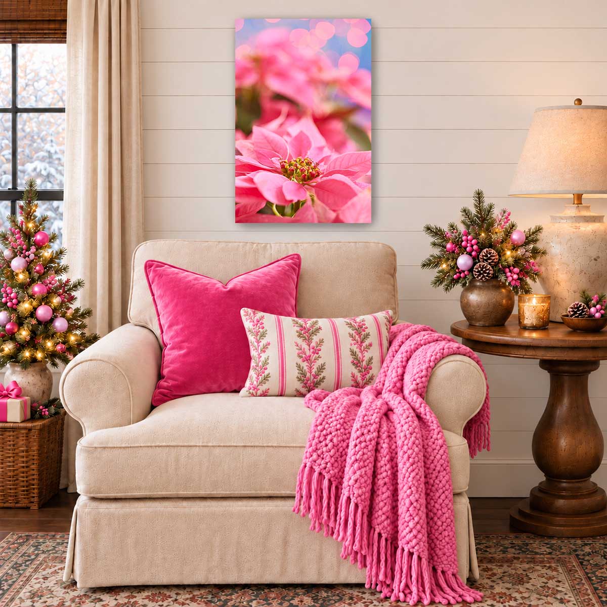 Poinsettia Christmas wall art print with close up pink petals and a vertical floral design for home display