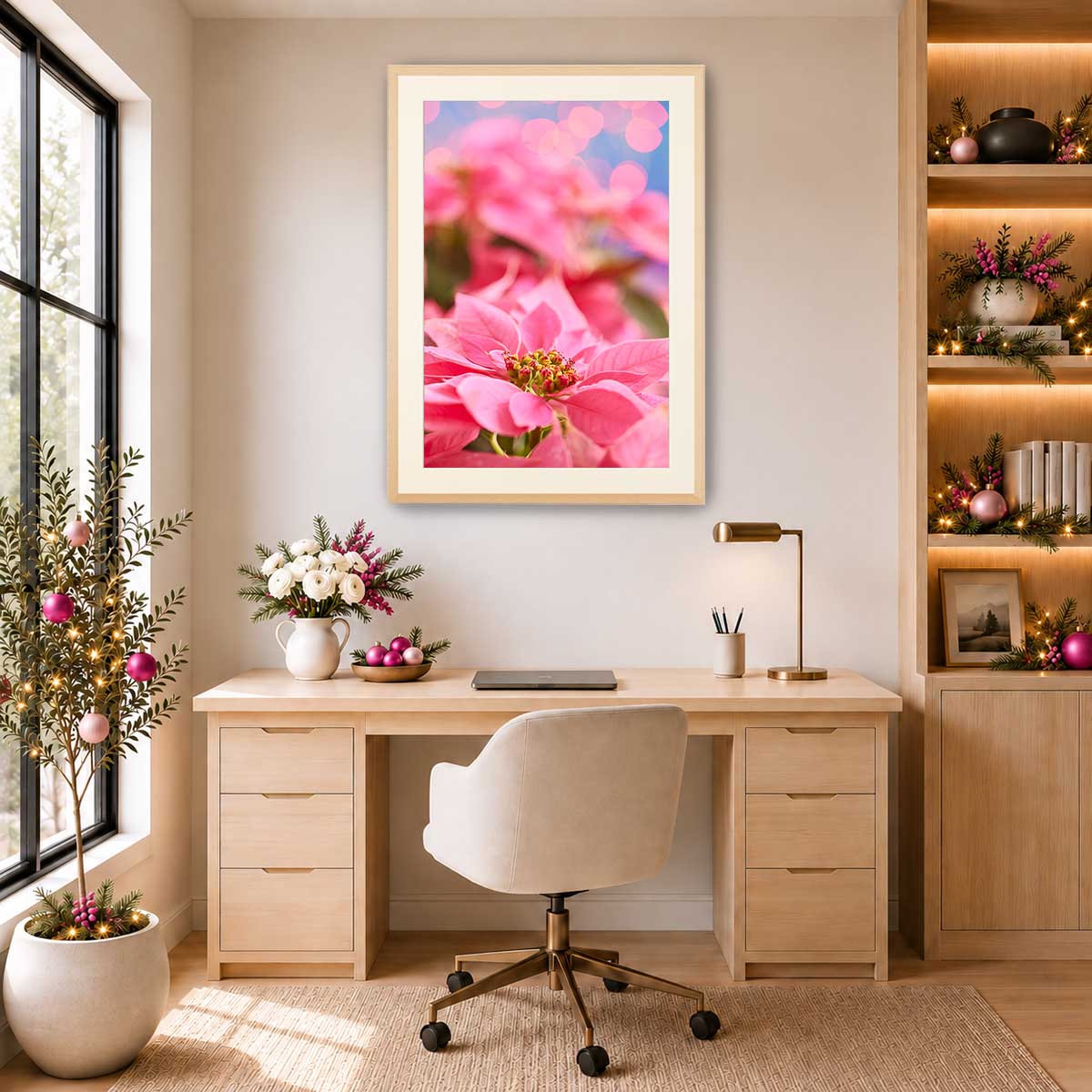 Pink Winter poinsettia Christmas wall art print in a vertical floral composition, available in 8 x 12 to 24 x 36 inch sizes.