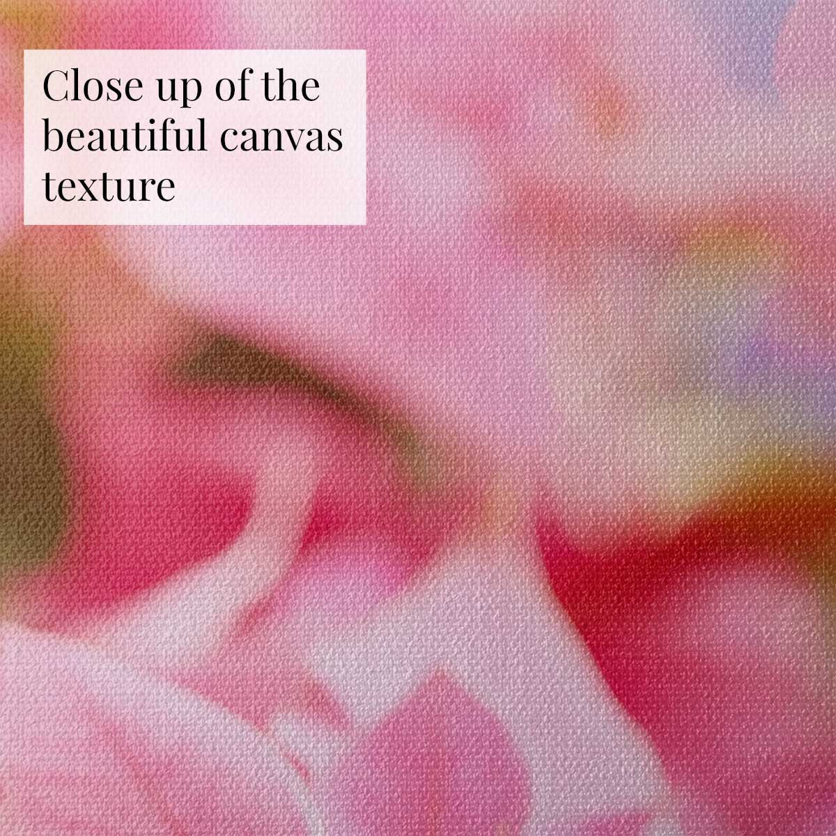 Poinsettia Christmas wall art print in pink with a close view of textured canvas and floral details.