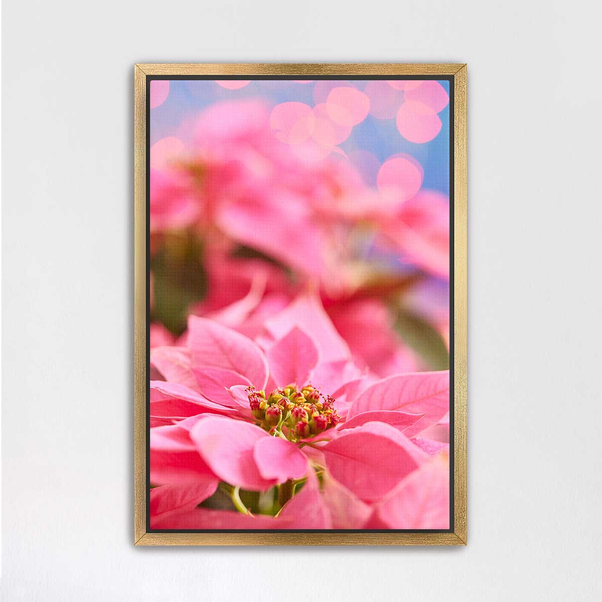 Pink poinsettia Christmas wall art print in a gold frame with a close-up floral design and soft bokeh.