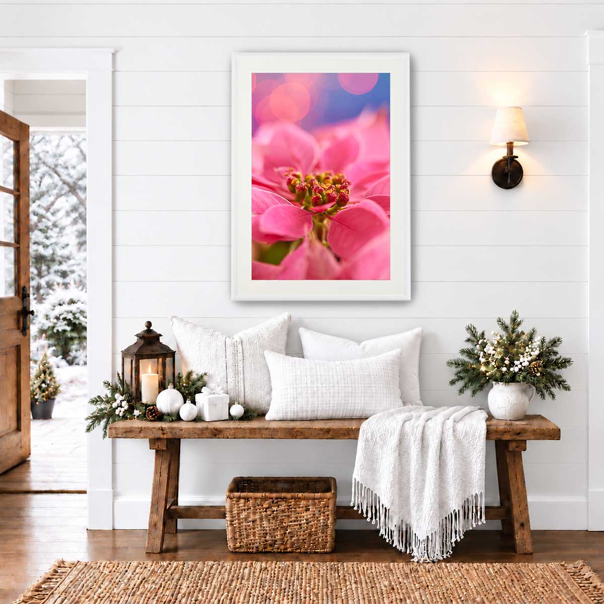 Pink winter poinsettia Christmas wall art canvas with a close-up flower photograph and blurred holiday lights.