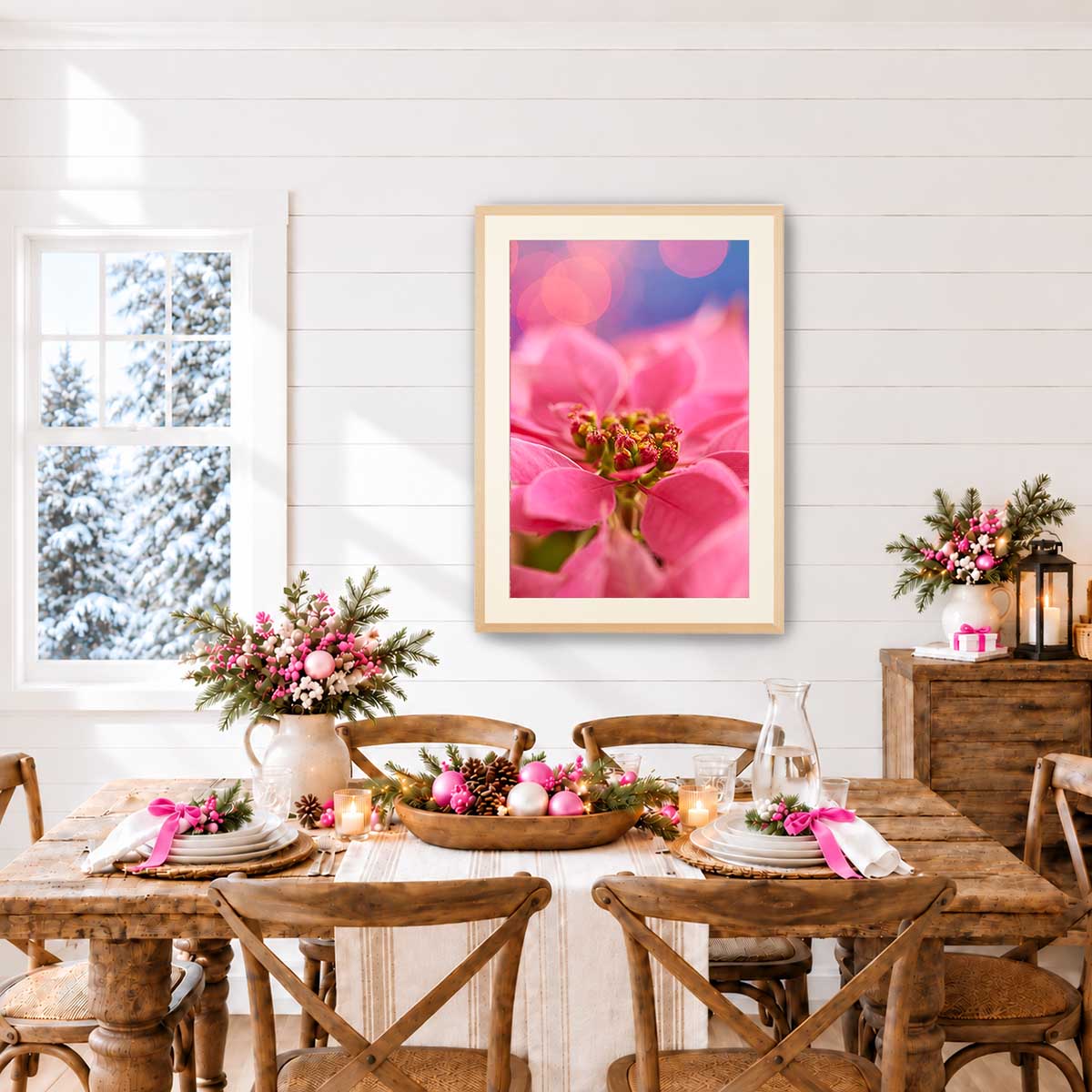 Pink winter poinsettia Christmas wall art canvas with a close-up floral photograph in a maple frame