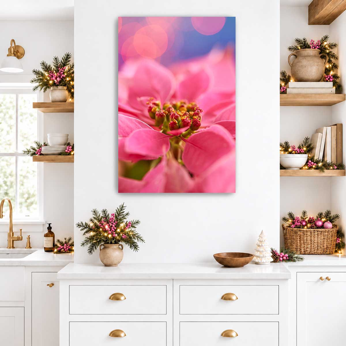 A Very Pink Christmas poinsettia wall art with a close up floral composition and softly blurred pink background