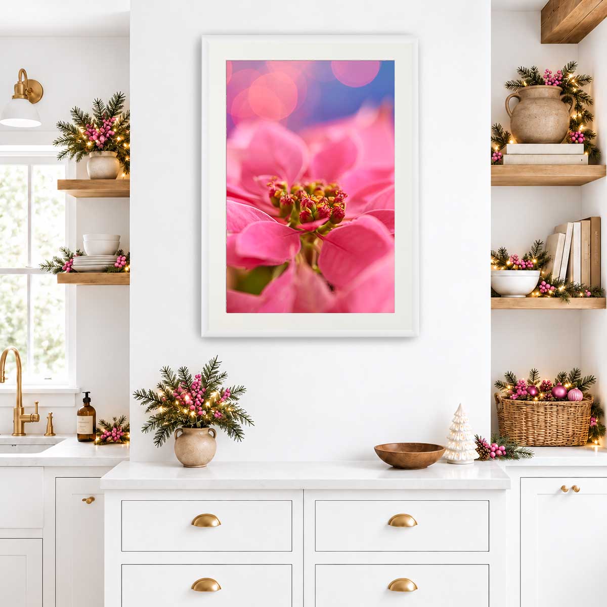 Pink winter poinsettia Christmas wall art canvas shows a close-up flower photograph with vivid pink petals